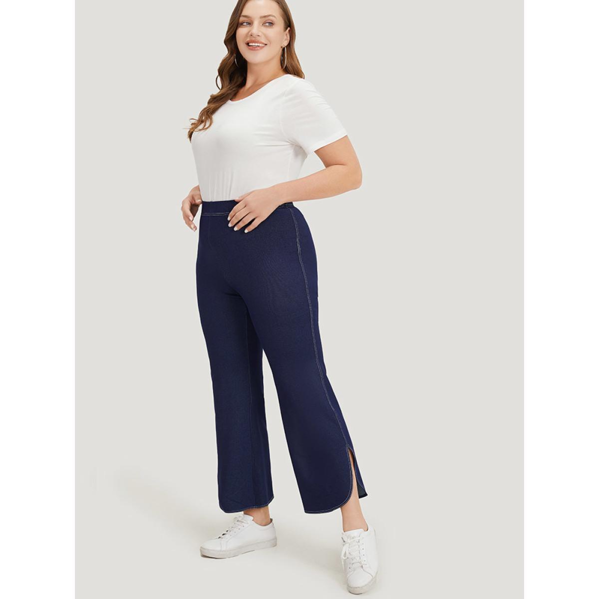 Plus Size Supersoft Essentials Contrast Stitch Curved Hem Very Stretchy Jeans Women DarkBlue Casual Plain Elastic Waist Medium stretch Jeans BloomChic 30/6X Product Image