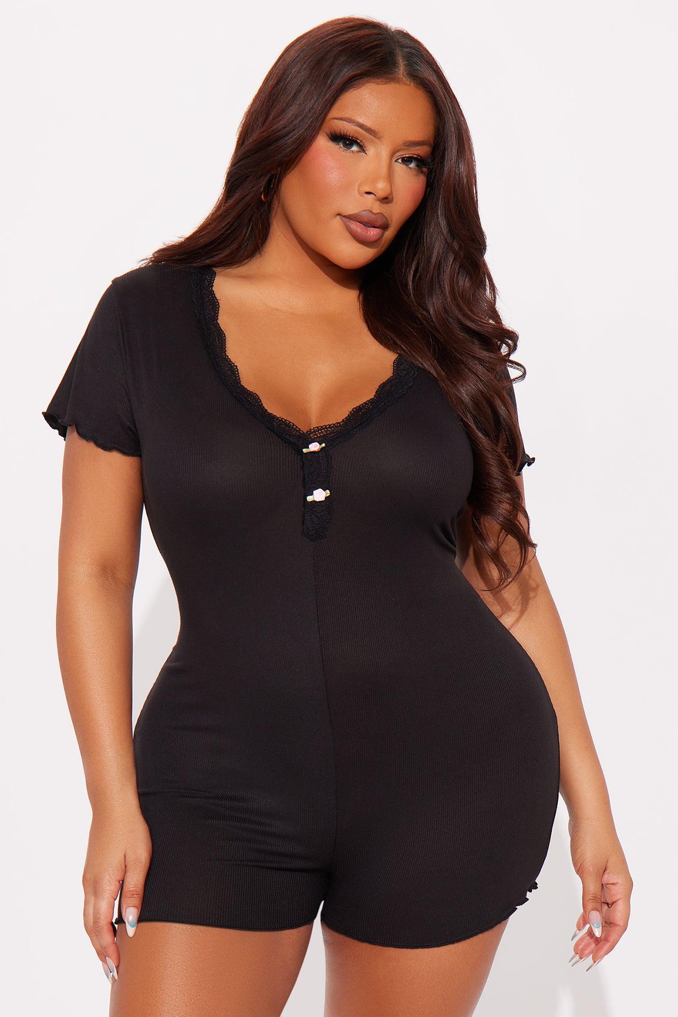 Don't Wake Me Up Ribbed PJ Romper Onesie - Black Product Image