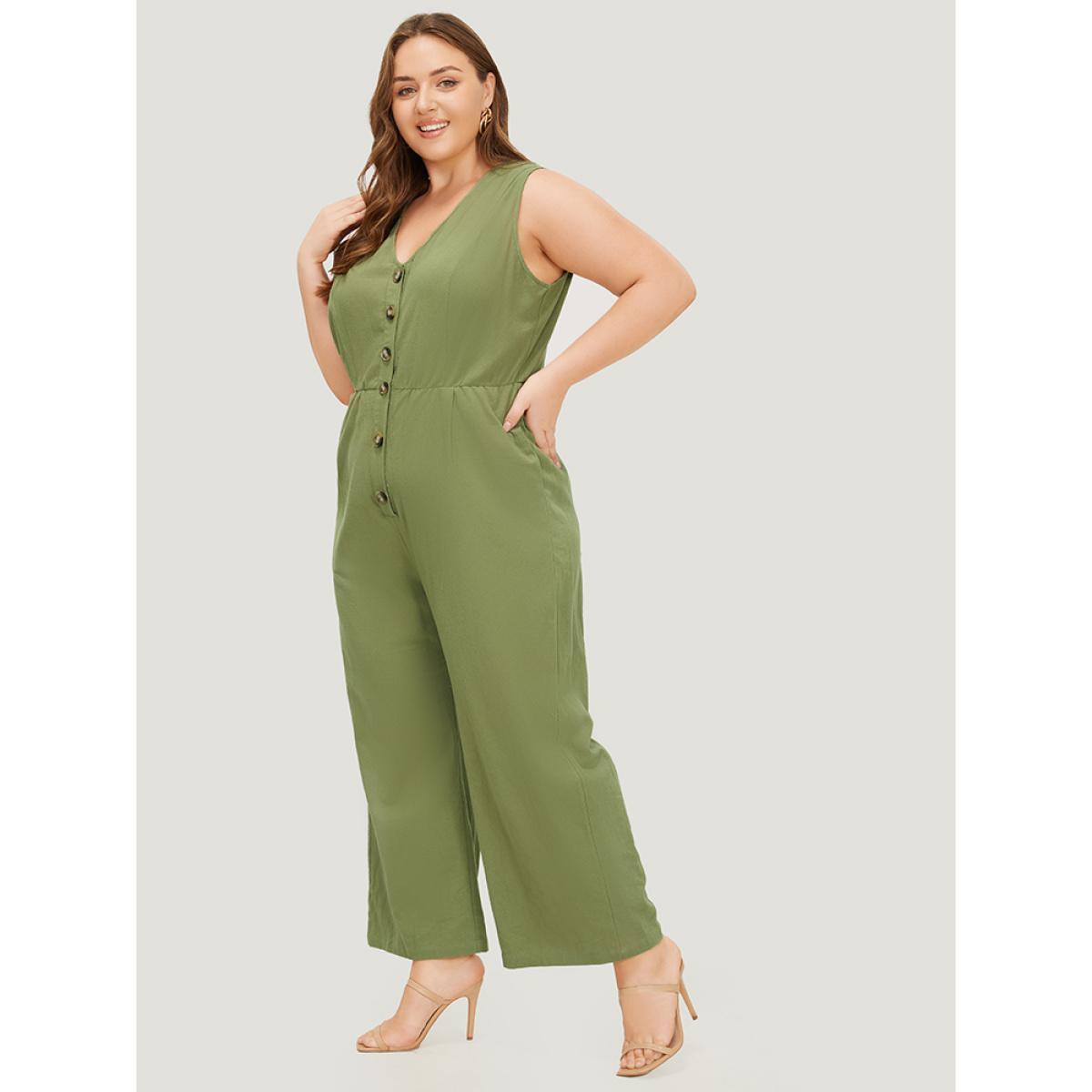 Plus Size Sage Plain Pocket Button Through Tank Jumpsuit Women Office Sleeveless V-neck Office Loose Jumpsuits BloomChic 22-24/3X Product Image