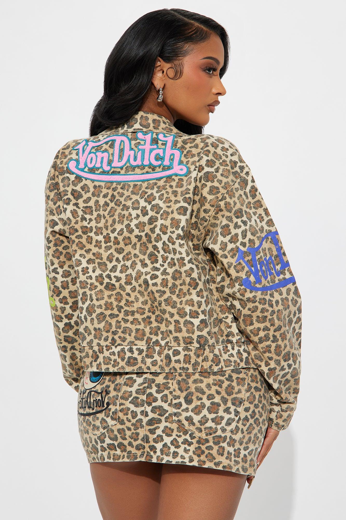 Von Dutch Leopard Denim Bomber Jacket - Brown/combo Product Image