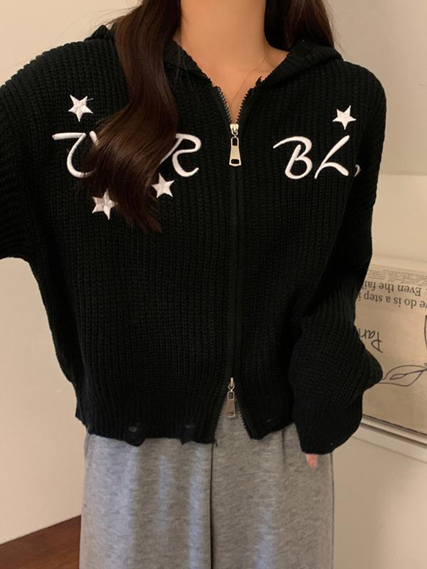 Star Letter Embroidered Hooded Double Zip Tattered Cardigan Product Image