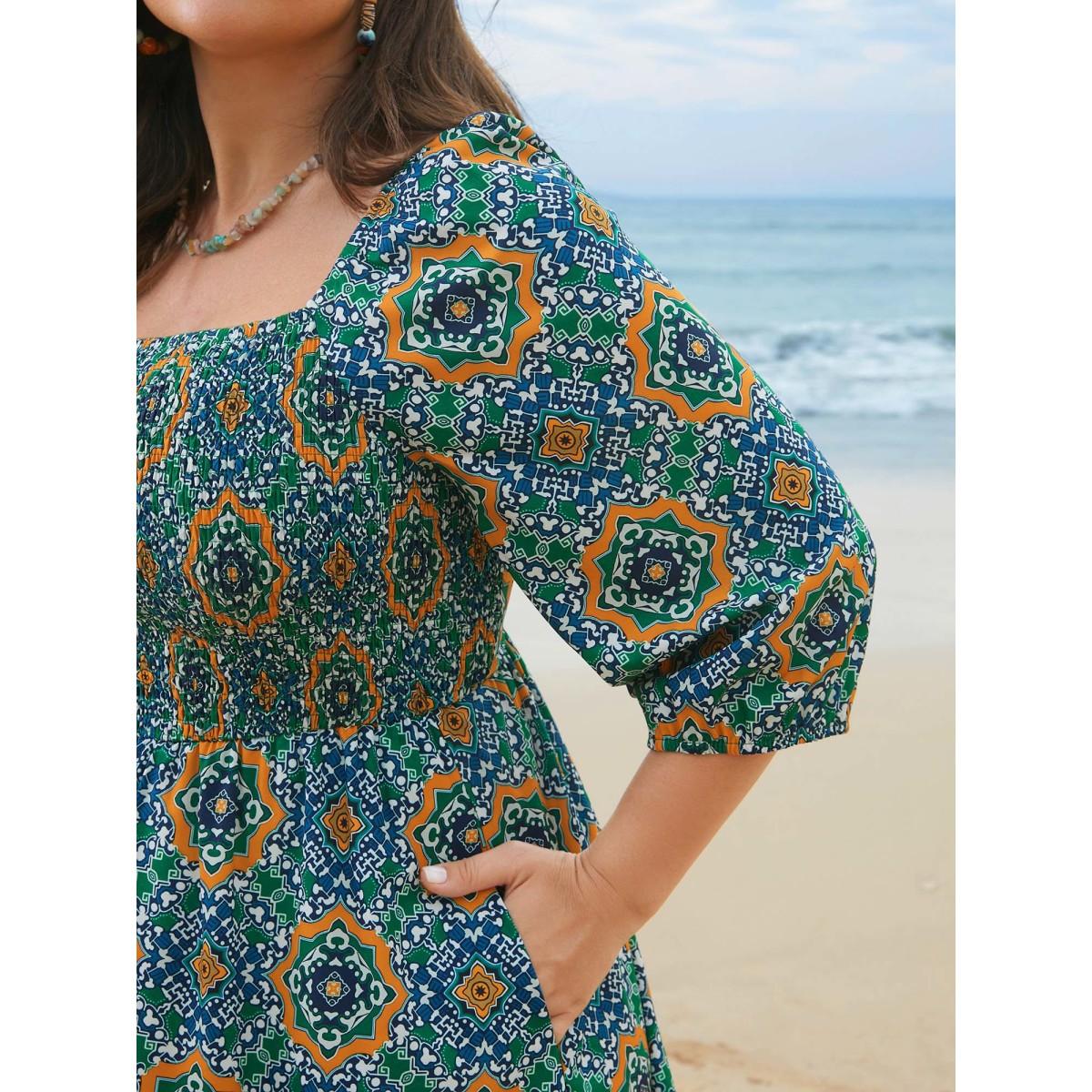 Plus Size Ornate Print Shirred Stretchy Waist Midi Dress Emerald Women Resort Shirred Square Neck Elbow-length sleeve Curvy BloomChic 22-24/3X Product Image
