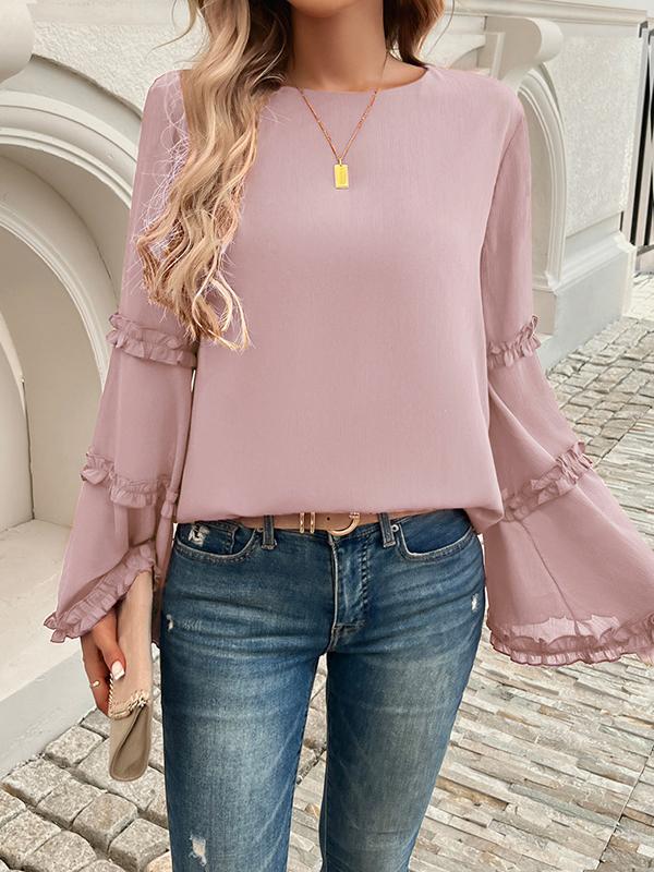Flared Sleeves Long Sleeves Solid Color Split-Joint Round-Neck T-Shirts Tops Product Image