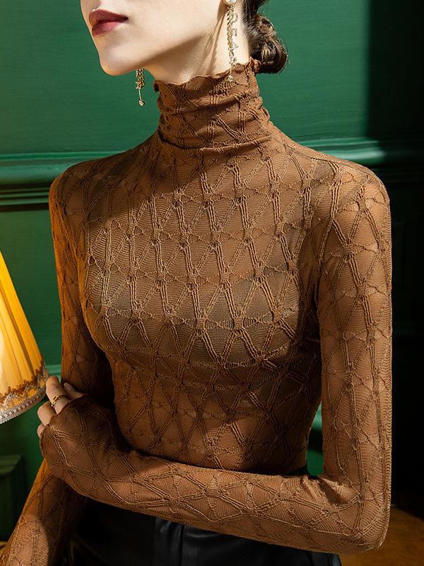 Stylish Lace Skinny Falbala Checkered High-Neck T-Shirts Tops Product Image