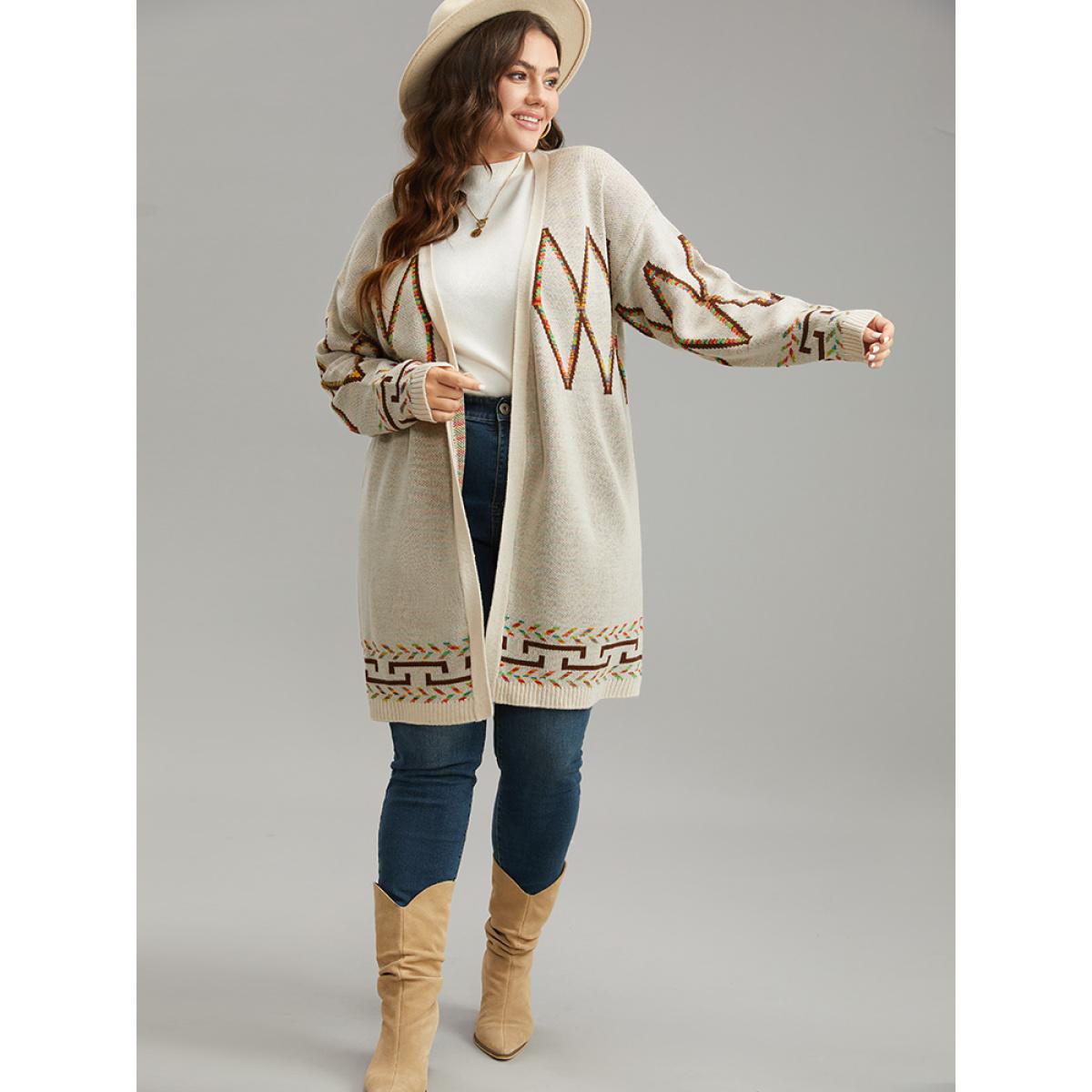 Plus Size Boho Geometric Print Open Front Cardigan Beige Women Casual Loose Long Sleeve Everyday Cardigans BloomChic 10/M Product Image