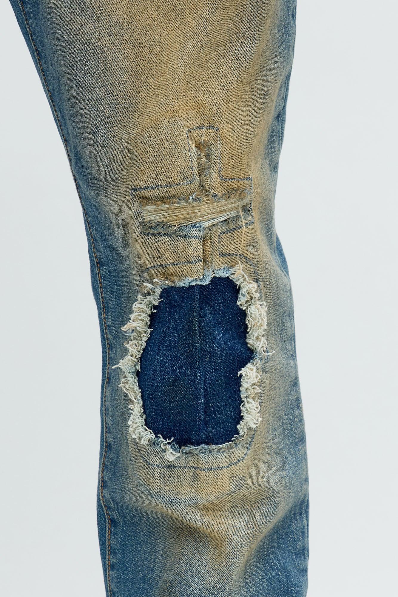 Skinny Going In Circles Repaired Distressed Jeans - Vintage Blue Wash Male Product Image