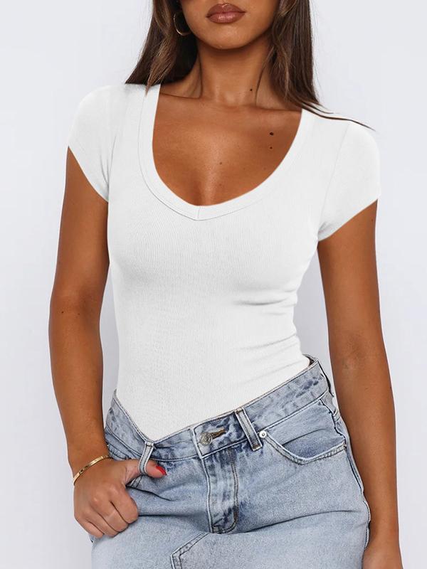 Short Sleeves Skinny Solid Color Split-Joint U-Neck T-Shirts Tops Product Image