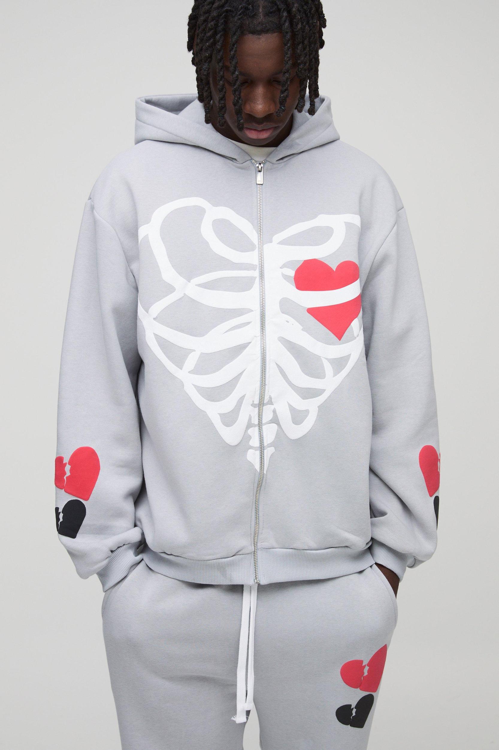 Oversized Heart Skelton Puff Print Flare Zip Through Tracksuit | boohooMAN USA Product Image