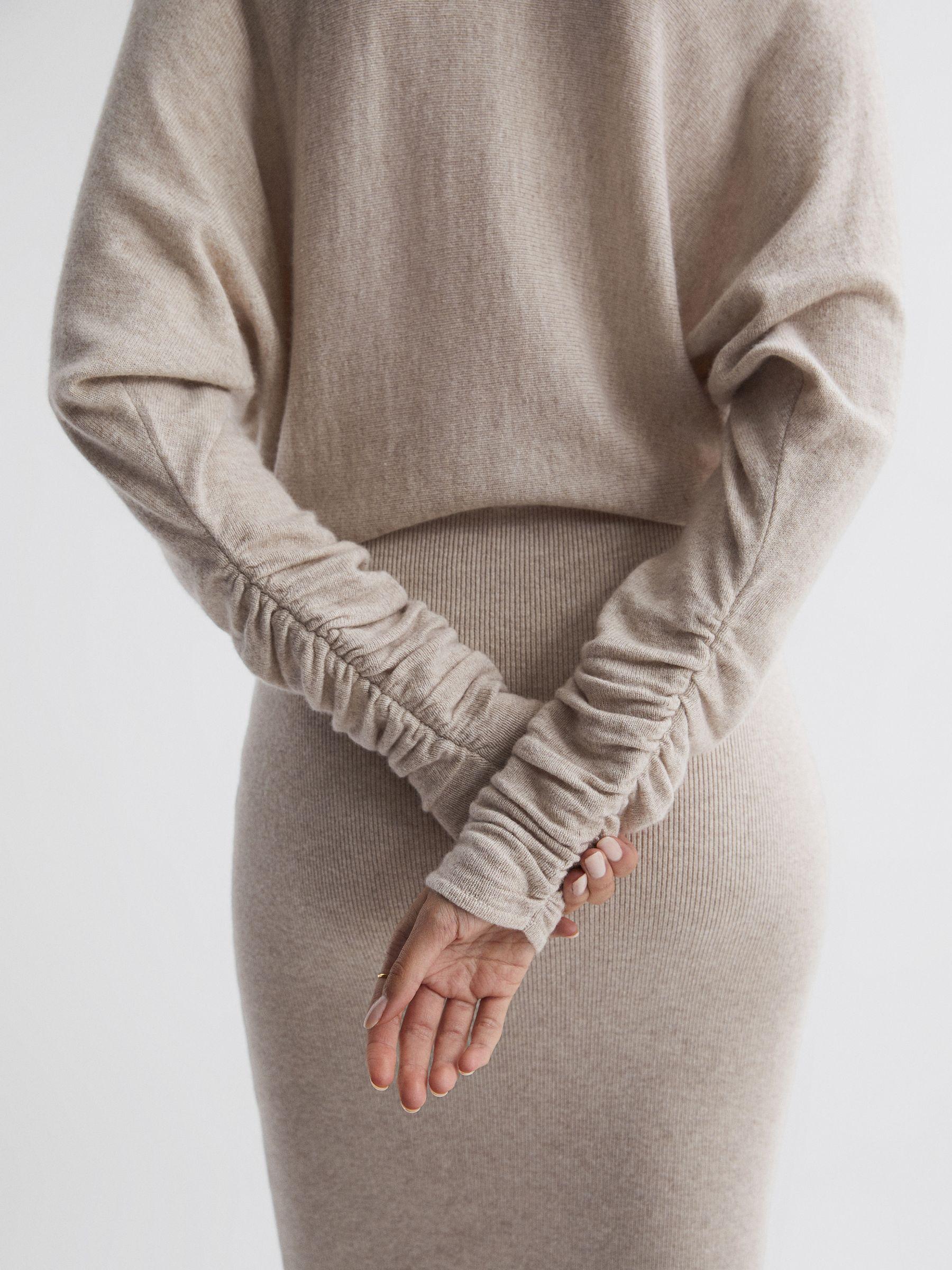 Wool Blend Ruched Sleeve Midi Dress in Neutral Product Image