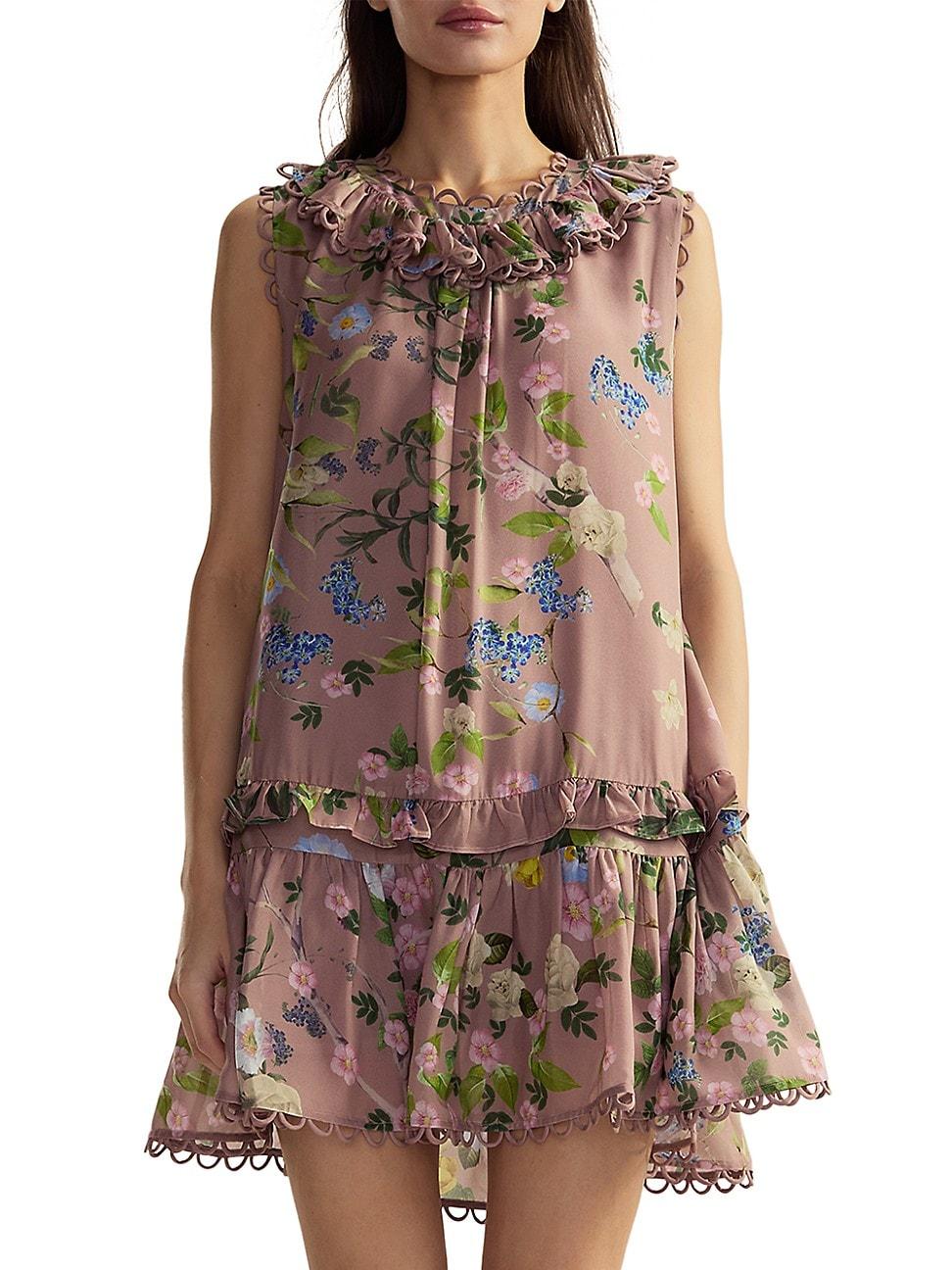 Womens Floral Silk Ruffled Shift Minidress Product Image