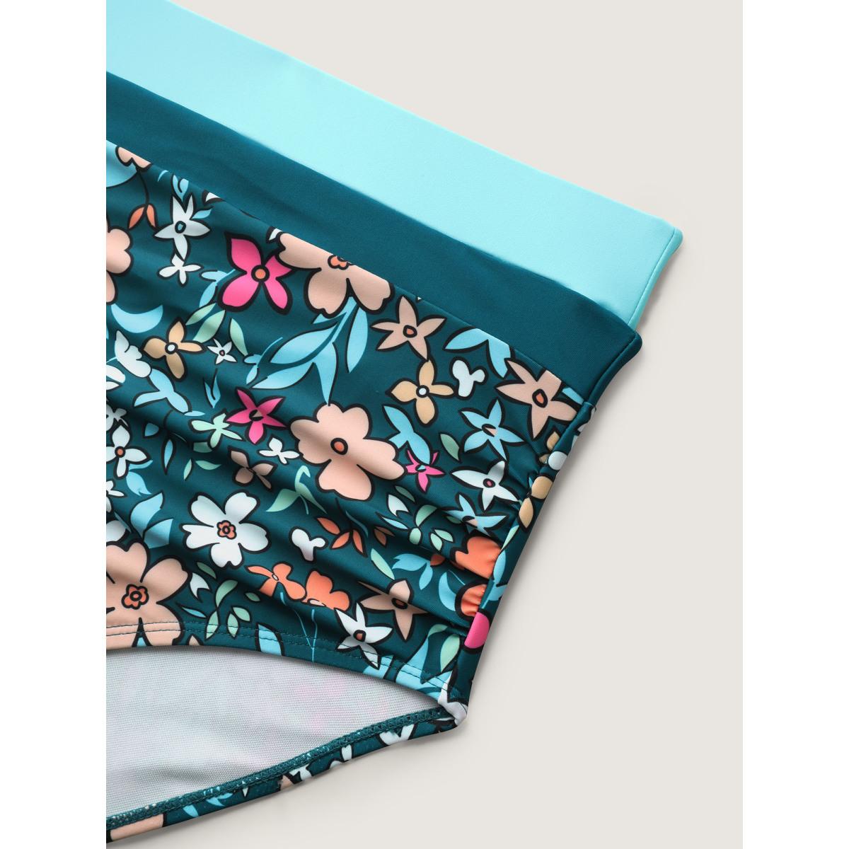 Plus Size Floral Print Color Contrast Swim Bottoms Women's Swimwear Cyan Resort Contrast High stretch Skinny High Rise Curve Swim Bottoms BloomChic 18-20/2X Product Image