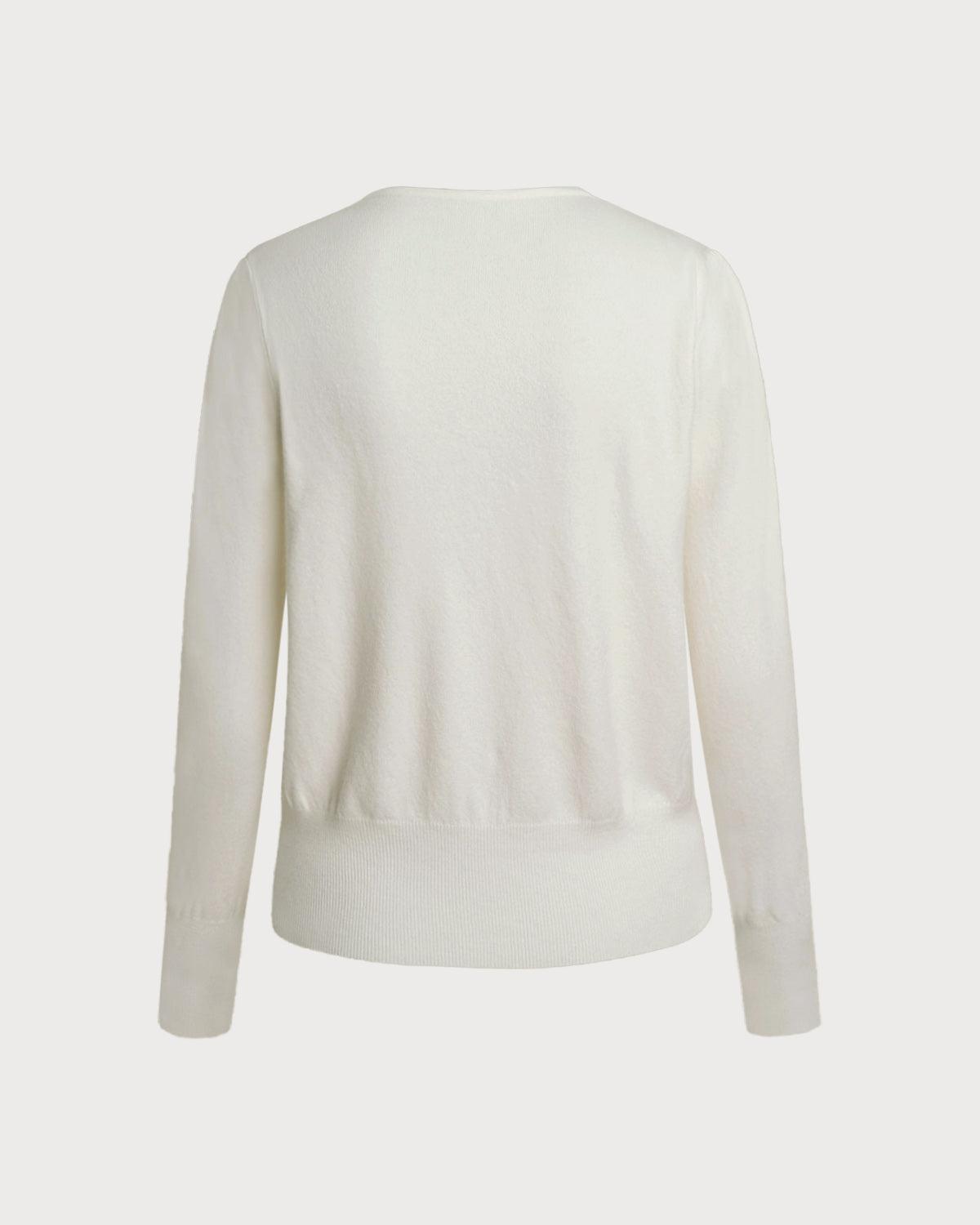 White V Neck Pearl Button Sweater Product Image
