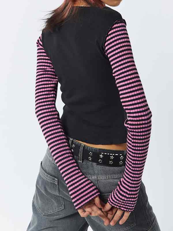 Stripe Star Print Patchwork Slim Long Sleeve Tee Product Image
