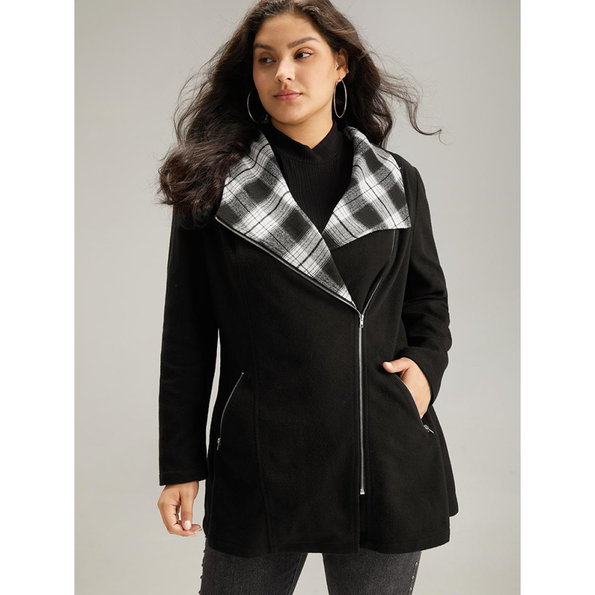 Plus Size Plaid Patchwork Lapel Collar Zipper Coat Women Black Elegant Contrast Ladies Everyday Winter Coats BloomChic 18-20/2X Product Image
