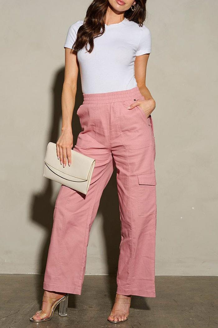 Elastic Waist Cargo Pockets Wide Leg Pants Product Image