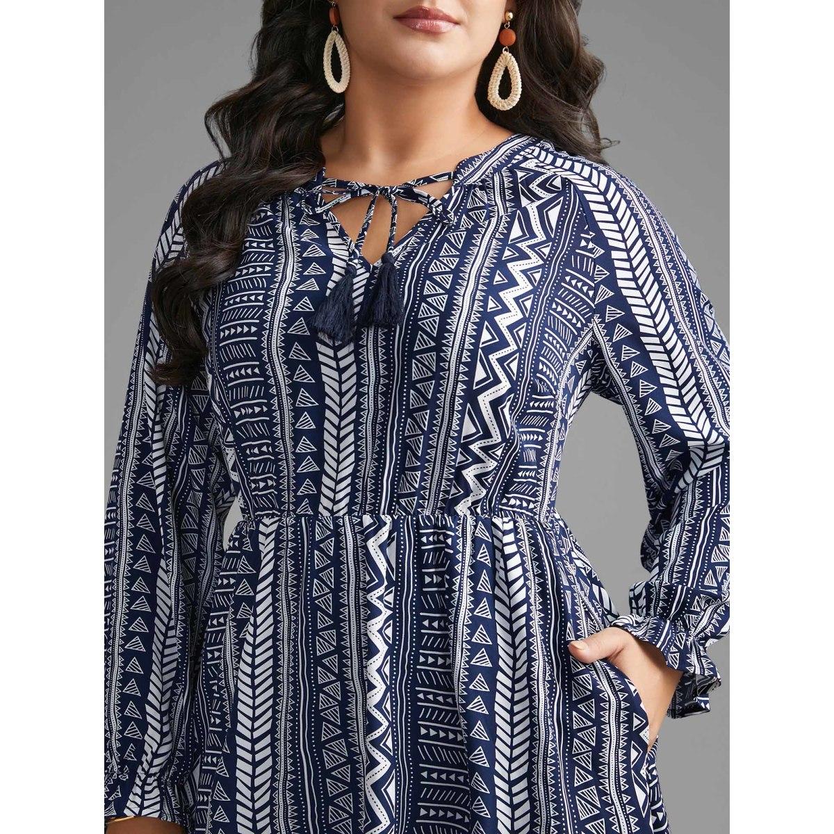 Plus Size Bandana Geometric Tassels Tie Knot Dress Indigo Women Resort Tie knot Flat collar with V-notch Long Sleeve Curvy BloomChic 30/6X Product Image
