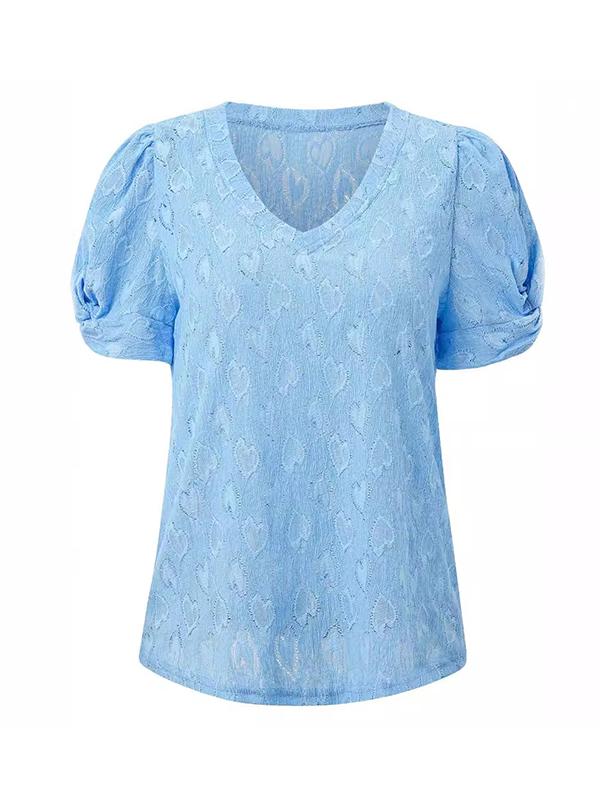 Loose Short Sleeves Heart Print Knot Pleated Solid Color Split-Joint V-Neck T-Shirts Tops Product Image