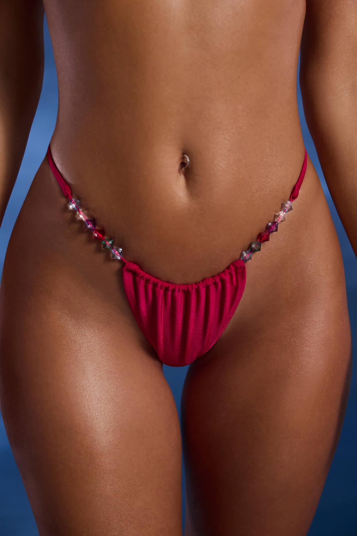 Bead-Embellished Triangle Bikini Top in Raspberry Pink Product Image