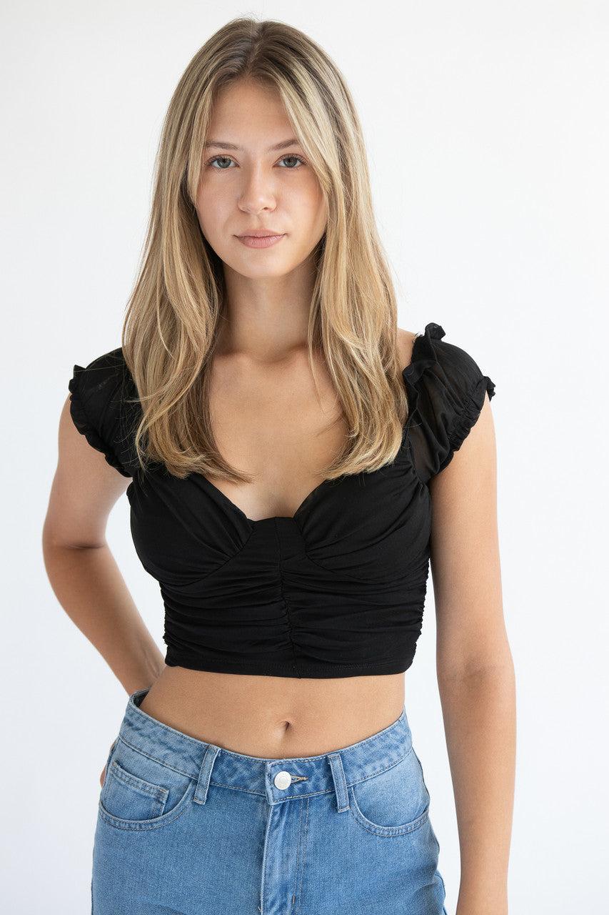 Ruched Front Puff Sleeve Mesh Top Product Image