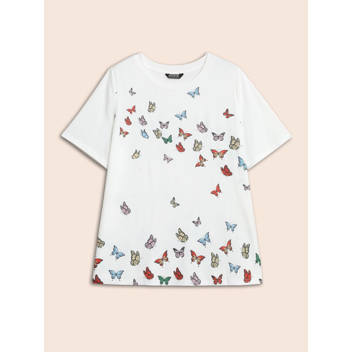 Plus Size Butterfly Print Stretchy T-Shirt Opticwhite Women Casual Non Butterfly Round Neck Everyday T-shirts BloomChic 22-24/3X Product Image