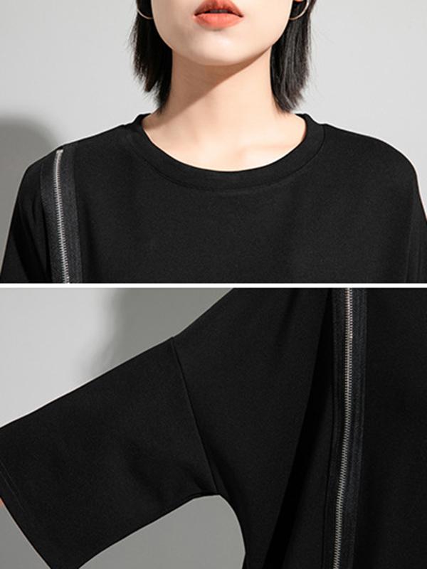 Original Black Zipper Batwing Sleeve Round-Neck Mini Dress Product Image