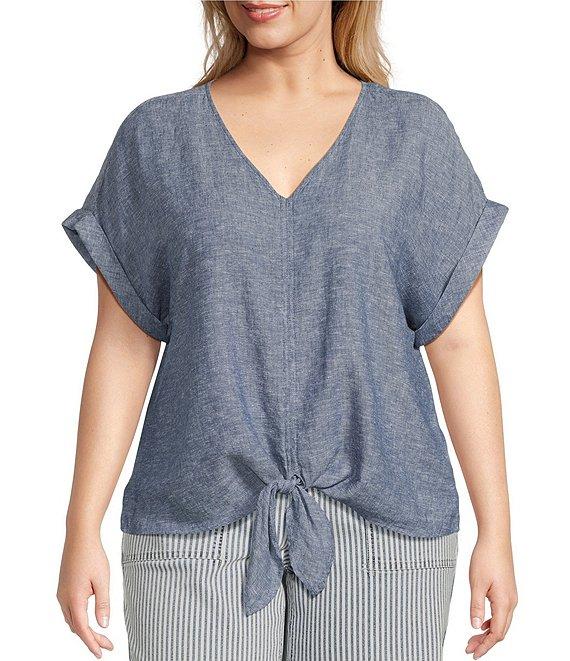 Westbound Plus Size Linen Blend Short Sleeve V-Neck Tie Front Top Product Image
