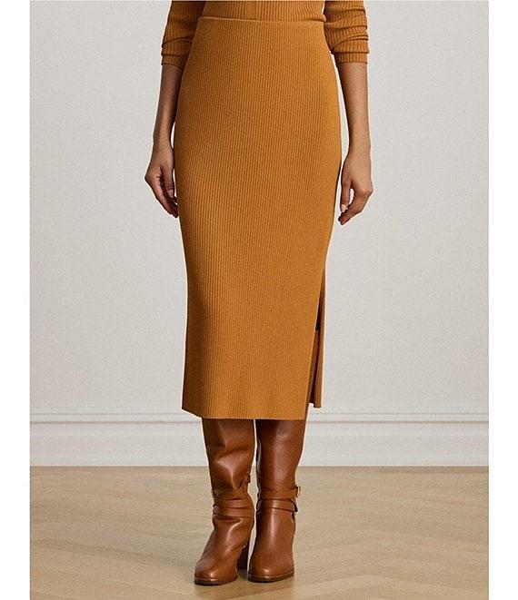 Lauren Ralph Lauren Rib-Knit Pull-On Side Slit Midi Coordinating Pencil Skirt Product Image