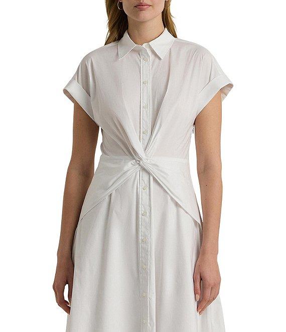 Lauren Ralph Lauren Stretch Cotton Point Collar Neck Short Sleeve Front Twist Button Front Midi Dress Product Image