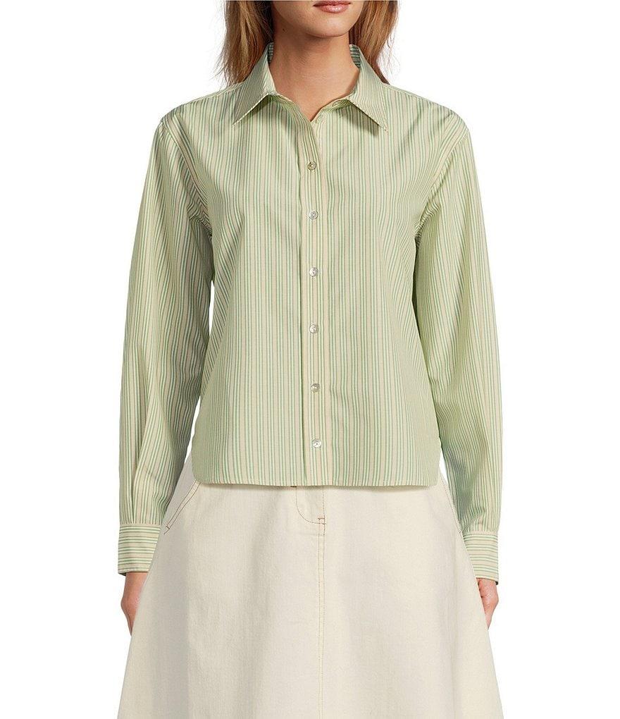 A Loves A Woven Pinstripe Point Collar Button Front Long Sleeve Shirt Product Image