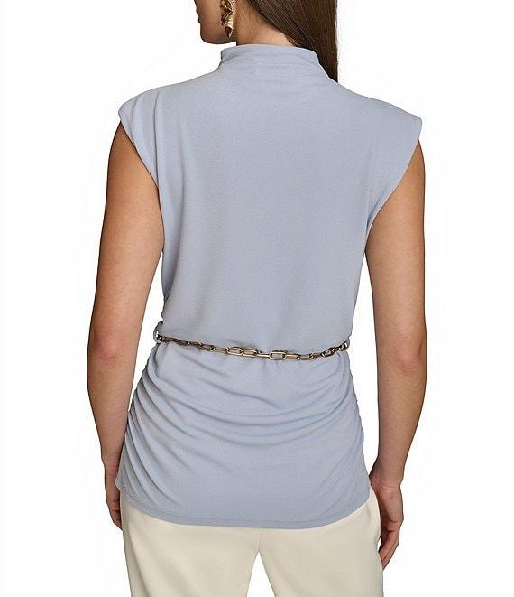 Donna Karan Gold #double;DK#double; Chain Belt Mock Neck Cap Sleeve Ruched Top Product Image