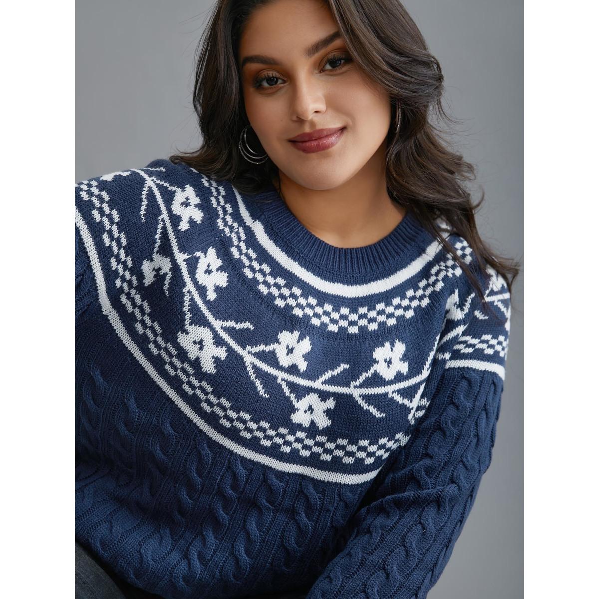 Plus Size Floral Cable Knit Raglan Sleeve Pullover Navy Women Casual Loose Long Sleeve Round Neck Everyday Pullovers BloomChic 12/L Product Image
