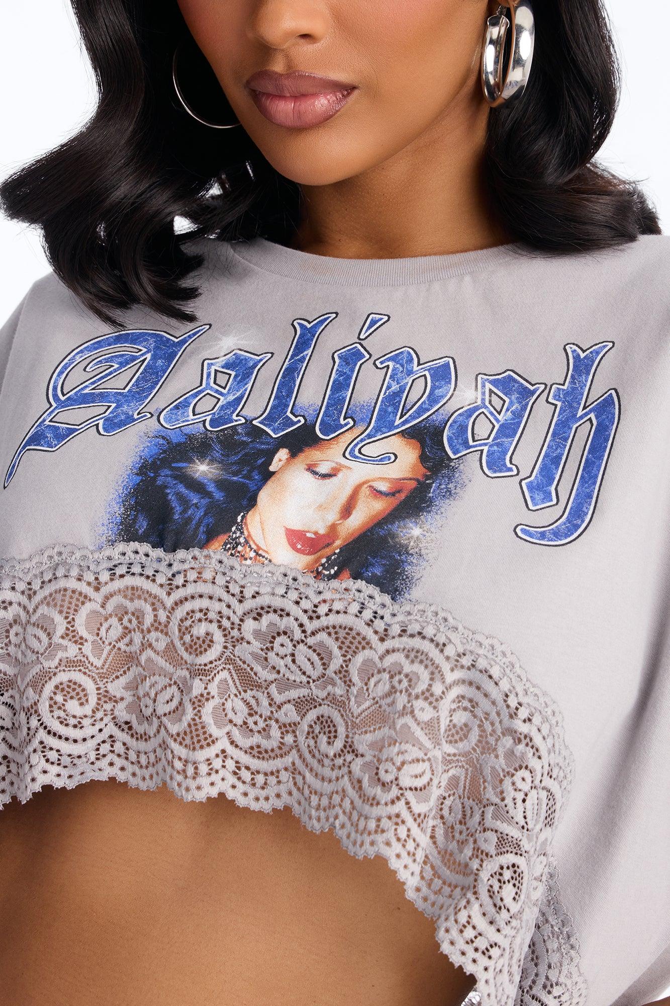Aaliyah Cropped Lace Bottom Tee - Grey Female Product Image