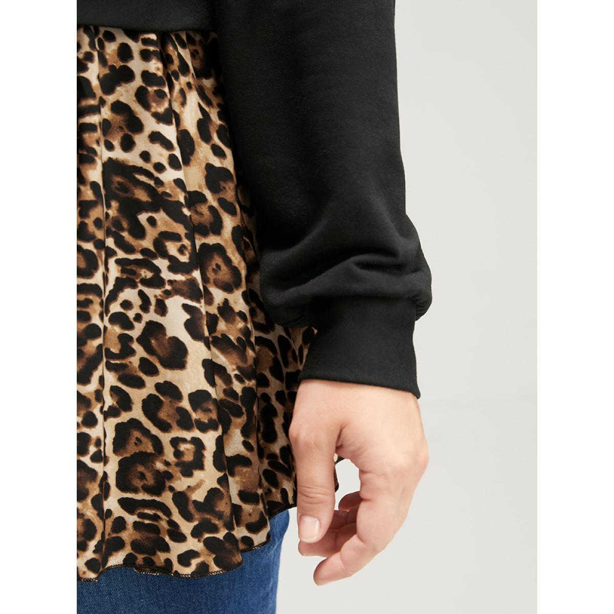 Plus Size Leopard Patchwork Asymmetrical Hem Sweatshirt Women Black Elegant Contrast Round Neck Dailywear Sweatshirts BloomChic 26/4X Product Image