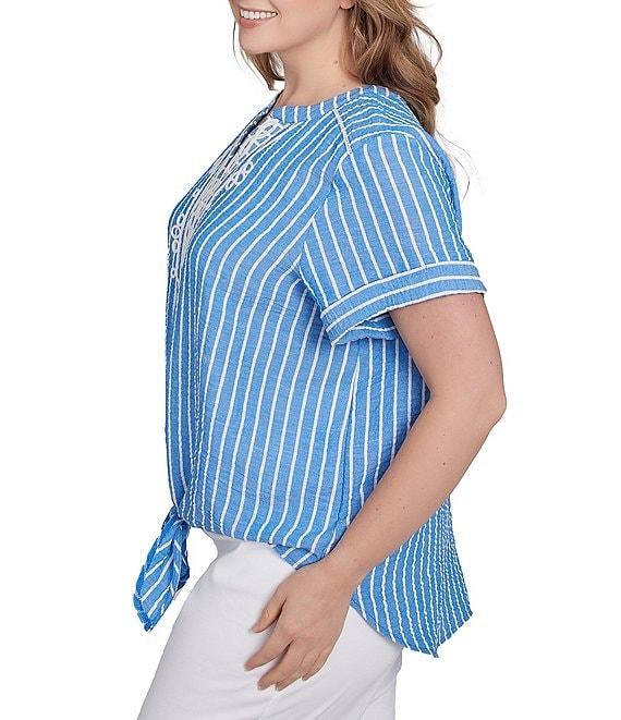 Ruby Rd. Plus Size Embroidered Stripe Split V-Neck Short Sleeve Tie-Front Top Product Image