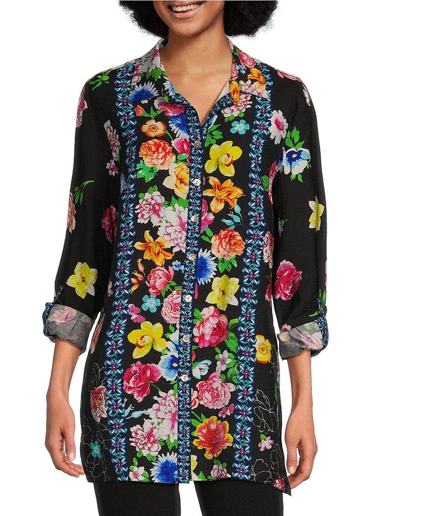John Mark Floral Point Collar Long Roll-Tab Sleeve Button-Front Tunic Product Image