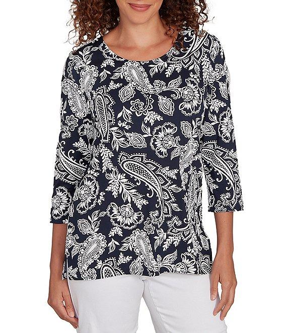 Ruby Rd. Petite Size Jacobean Print Scoop Neck 3/4 Sleeve Top Product Image