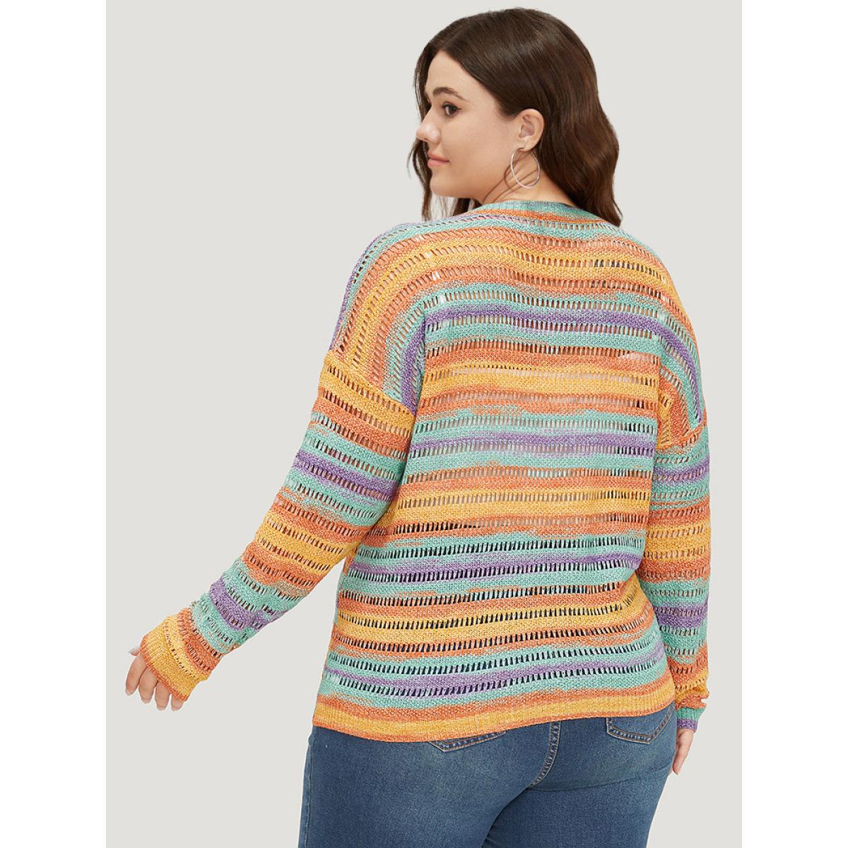Plus Size Contrast Striped Cut Out Ombre Pullover Multicolor Women Casual Loose Long Sleeve Round Neck Everyday Pullovers BloomChic 28/5X Product Image