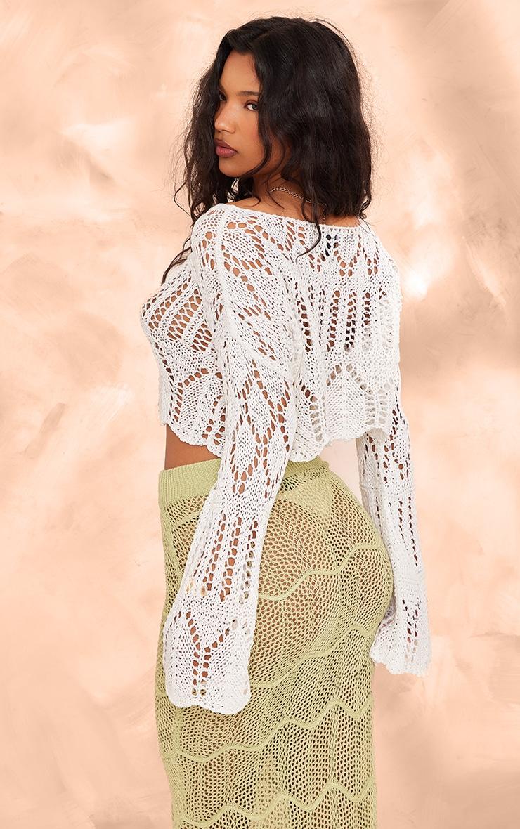 Off White Open Crochet Knit Slouchy Flared Sleeve Sweater Product Image