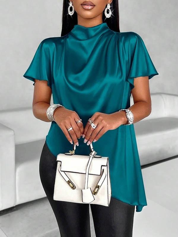 Loose Short Sleeves Asymmetric Solid Color Mock Neck Blouses&Shirts Tops Product Image