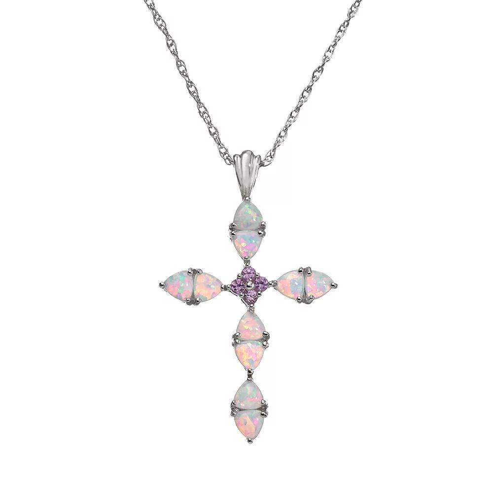 Classic Treasures Lab-Created Opal and Lab-Created Pink Sapphire Sterling Silver Cross Pendant Necklace, Women's,  Product Image