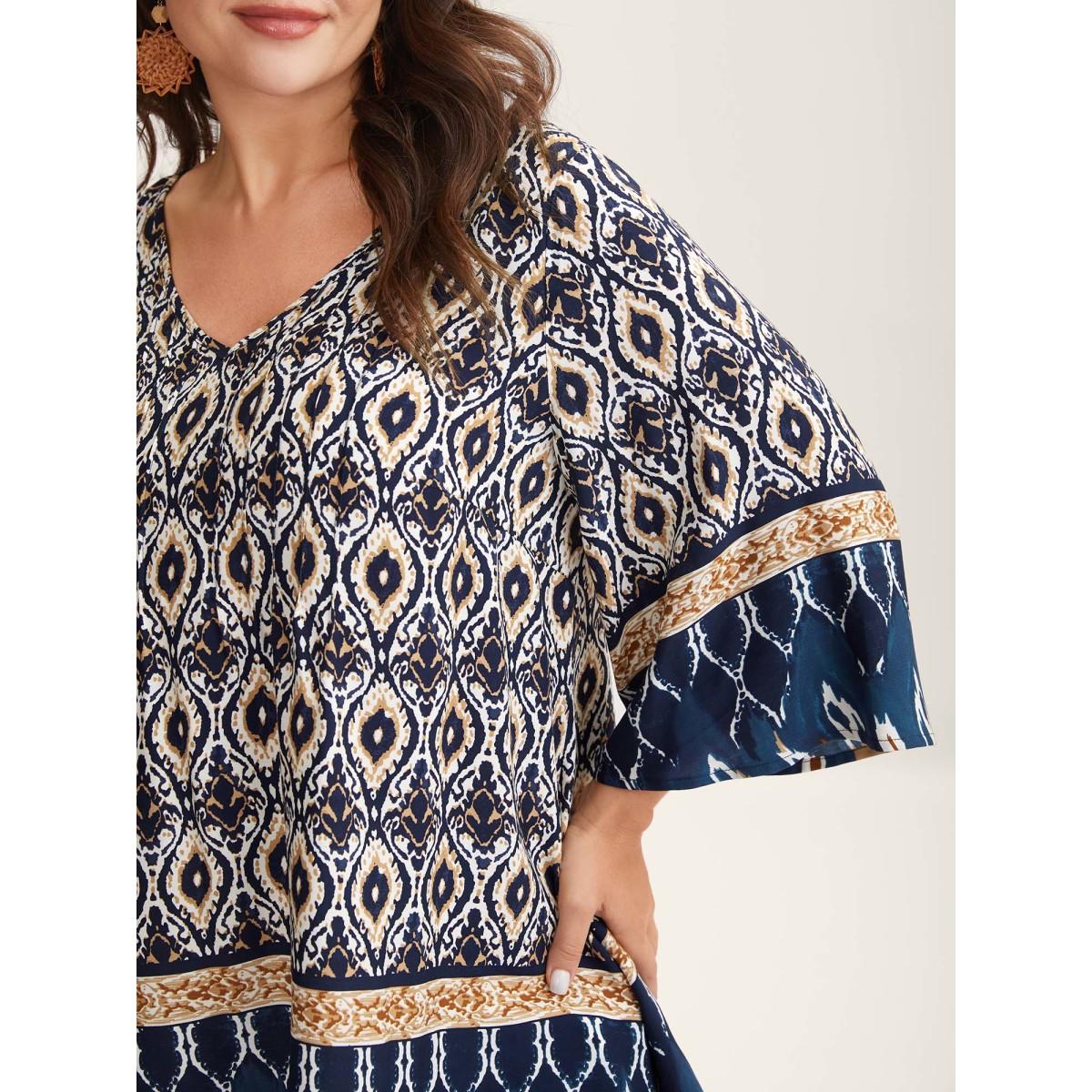 Plus Size Indigo Pin-Tuck Pleat Ornate Print Relaxed Fit Shirt Women Boho Elbow-length sleeve V-neck Vacation Blouses BloomChic 18-20/2X Product Image