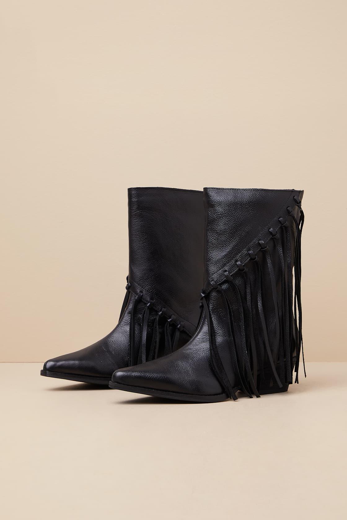 Buck Black Leather Fringe Mid-Calf Western Boots Product Image