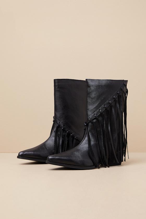 Buck Black Leather Fringe Mid-Calf Western Boots Product Image