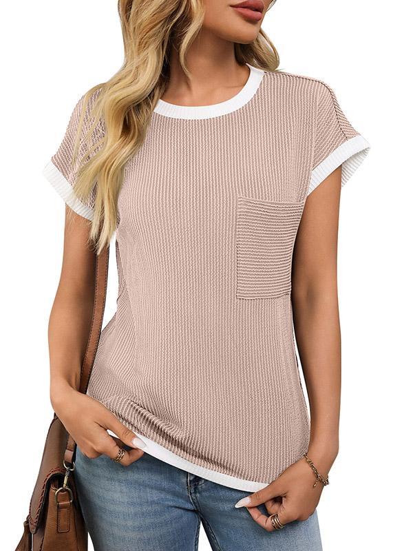 Loose Short Sleeves Colorful Contrast Color Pockets Round-neck T-Shirts Tops Product Image