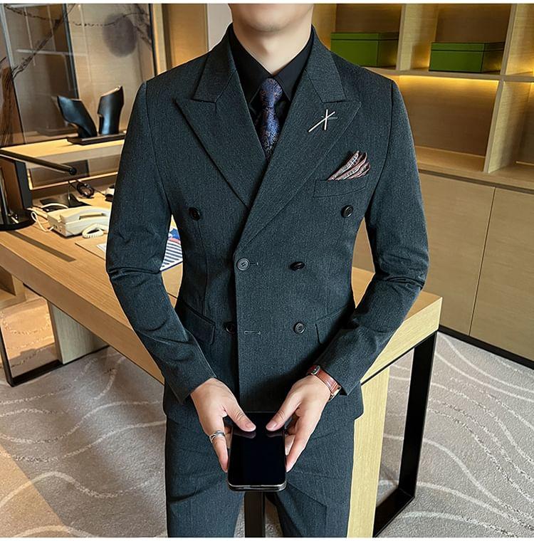 Set: Peak Lapel Plain Double-Breasted Blazer + V-Neck Single-Breasted Vest + High Waist Straight Leg Dress Pants Product Image