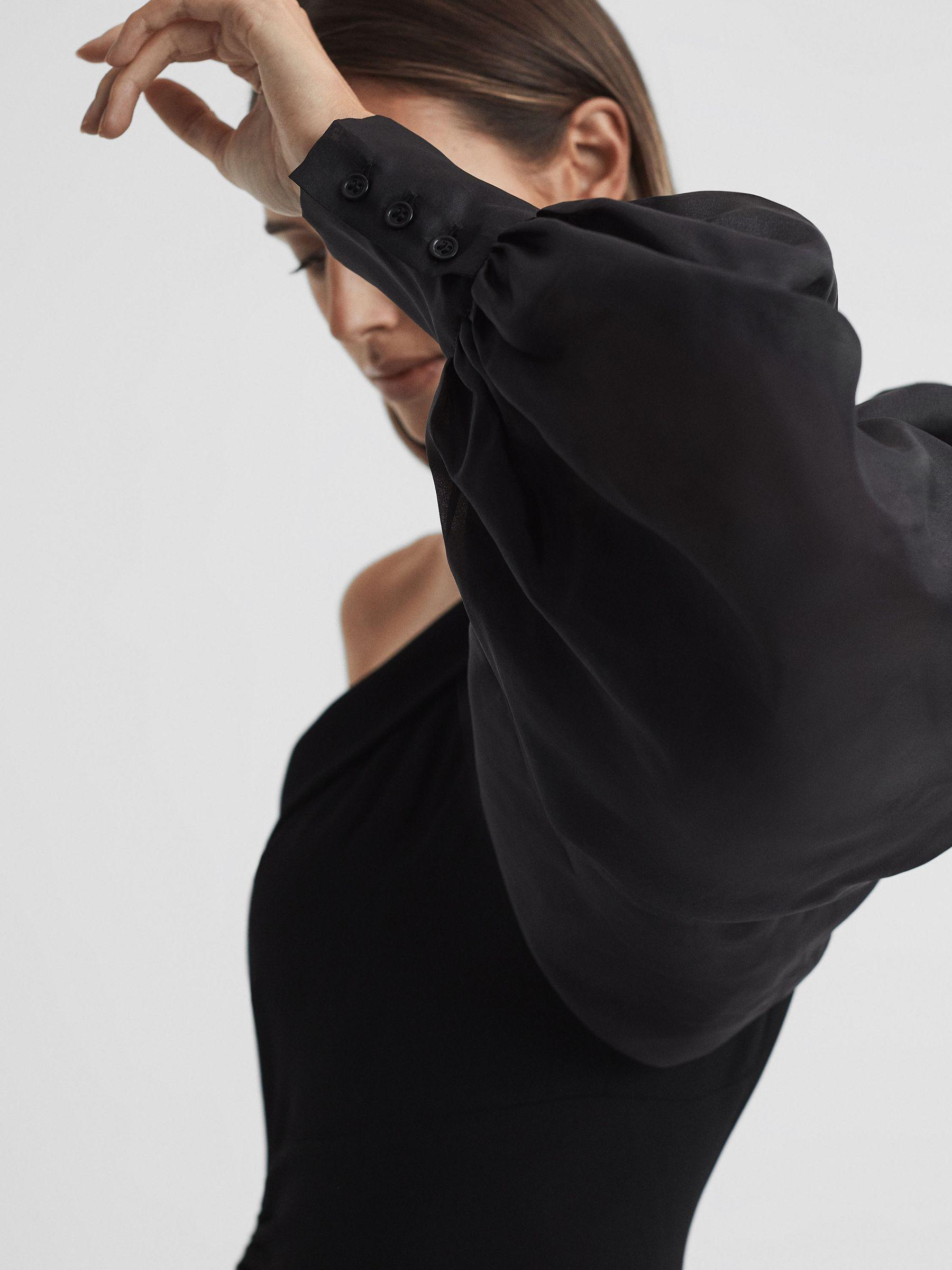 One-Shoulder Blouson Sleeve Midi Dress in Black Product Image