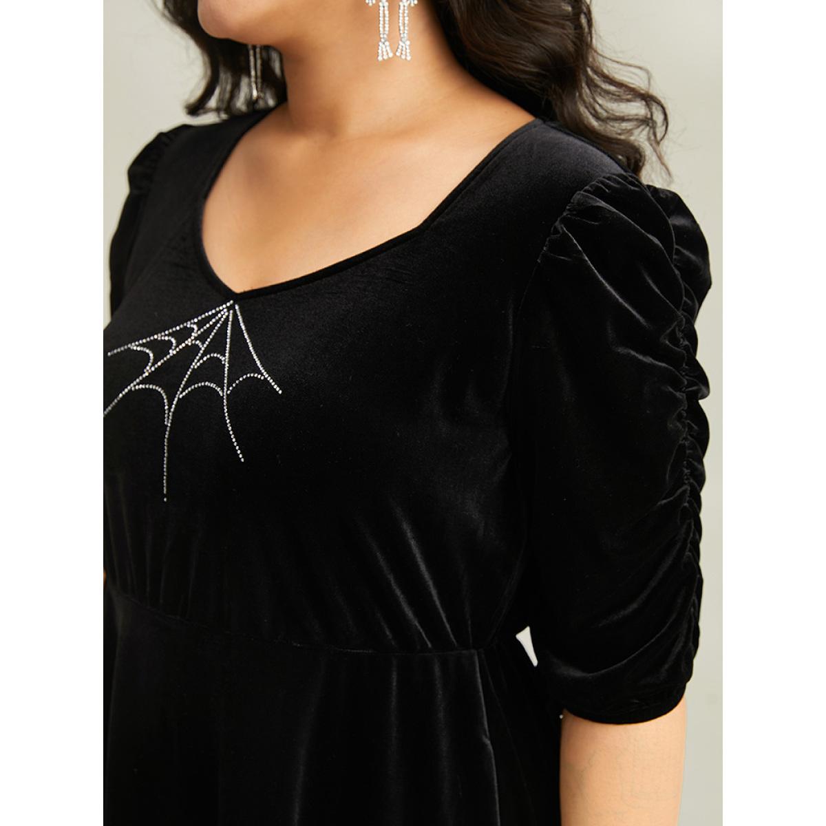 Plus Size Halloween Velvet Rhinestone Pocket Dress Black Women Elegant Rhinestone detailing Square Neck Half Sleeve Curvy Knee Dress BloomChic 22-24/3X Product Image