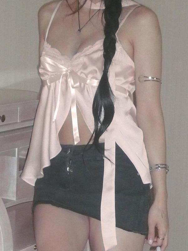 Patchwork Lace-Up Bow Cami Top Product Image