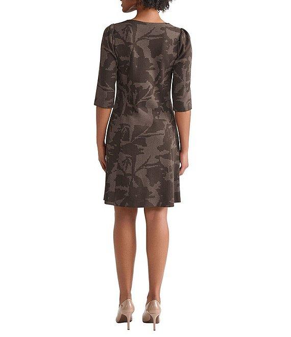 Ming Wang Floral Jacquard Soft Knit Split Crew Neck Elbow Sleeve Dress Product Image