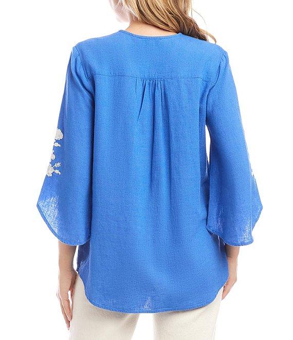 Karen Kane Linen Blend Bracelet Sleeve Embroidered Asymmetric Top Product Image